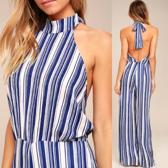SOLD! NWT Lulus Oceanside Blue White halter Jumpsuit XL - Picture 2 of 9